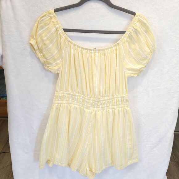 American Eagle Romper Size L Butter Yellow White Striped Off Shoulder Tassels - Picture 3 of 11